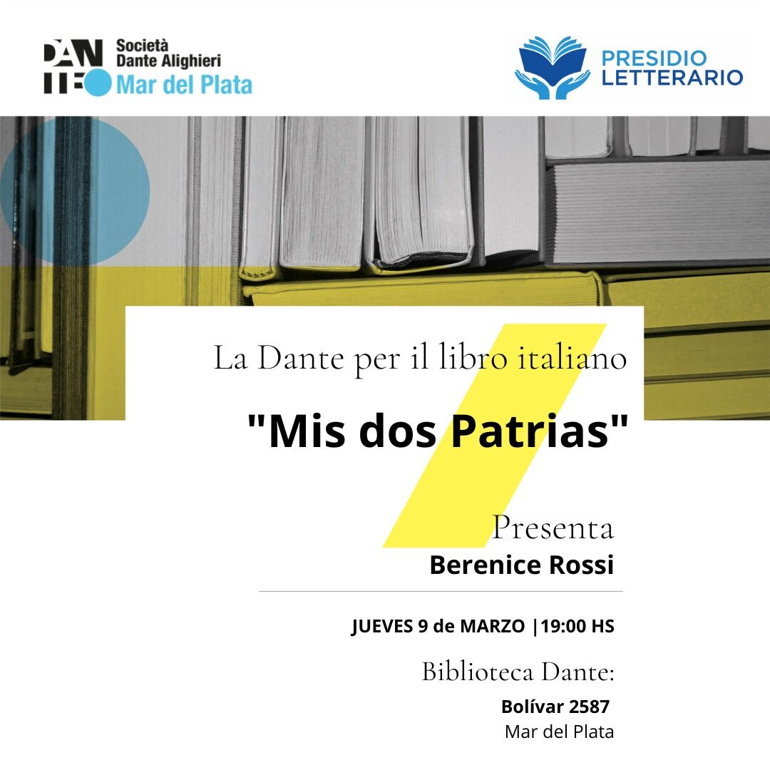 ?Te invitamos a la presentación del libro de la Escritora Italiana Berenice Rossi: "Mis dos Patrias", editado en lenguas castellana e italiana. Contaremos con la presencia de su autora, quien viaja a nuestro país para realizar varias presentaciones en ciudades argentinas tales como Córdoba, Mendoza, Santa Fé, Capital Federal y Mar del Plata. La cita es el JUEVES 9 DE MARZO a las 19:00 en nuestra #Biblioteca. ¡Te esperamos!